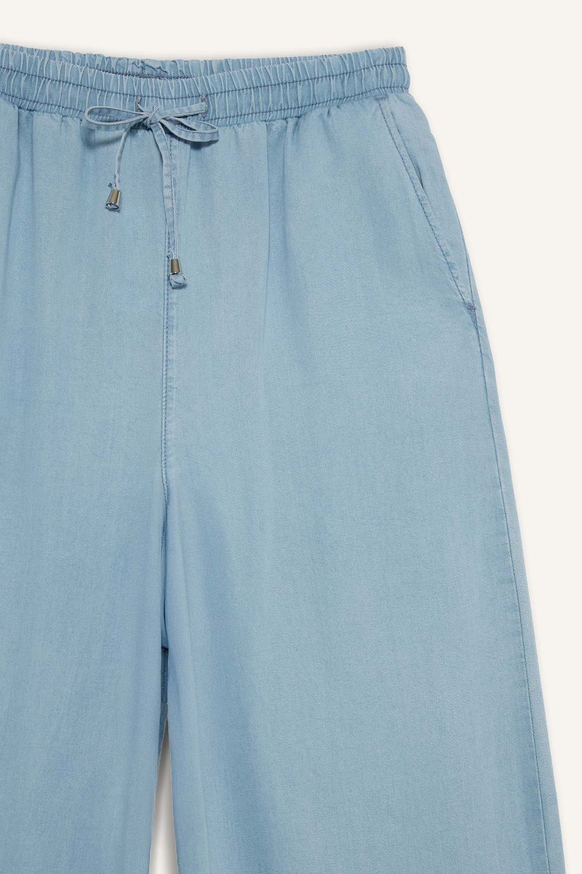 Kadın Açık İndigo Yüksek Bel Düz Paça Tencel Yıkamalı Pantolon