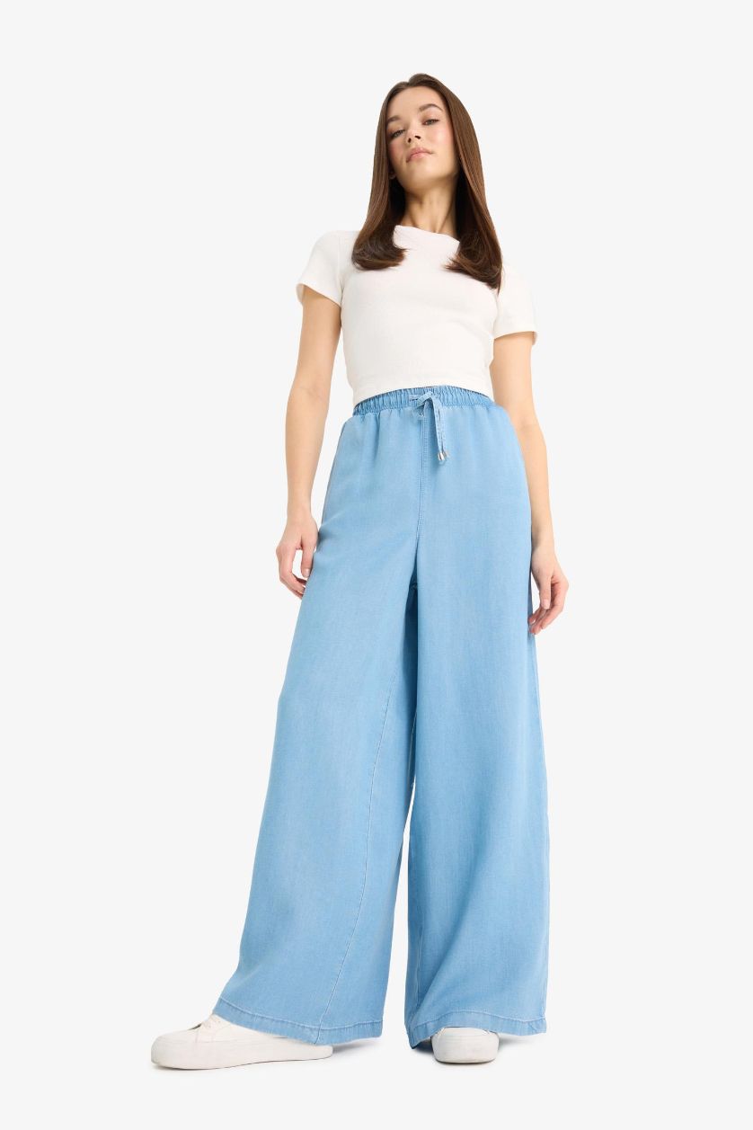 FEMME Bleu Pantalon long taille haute en Tencel délavé
