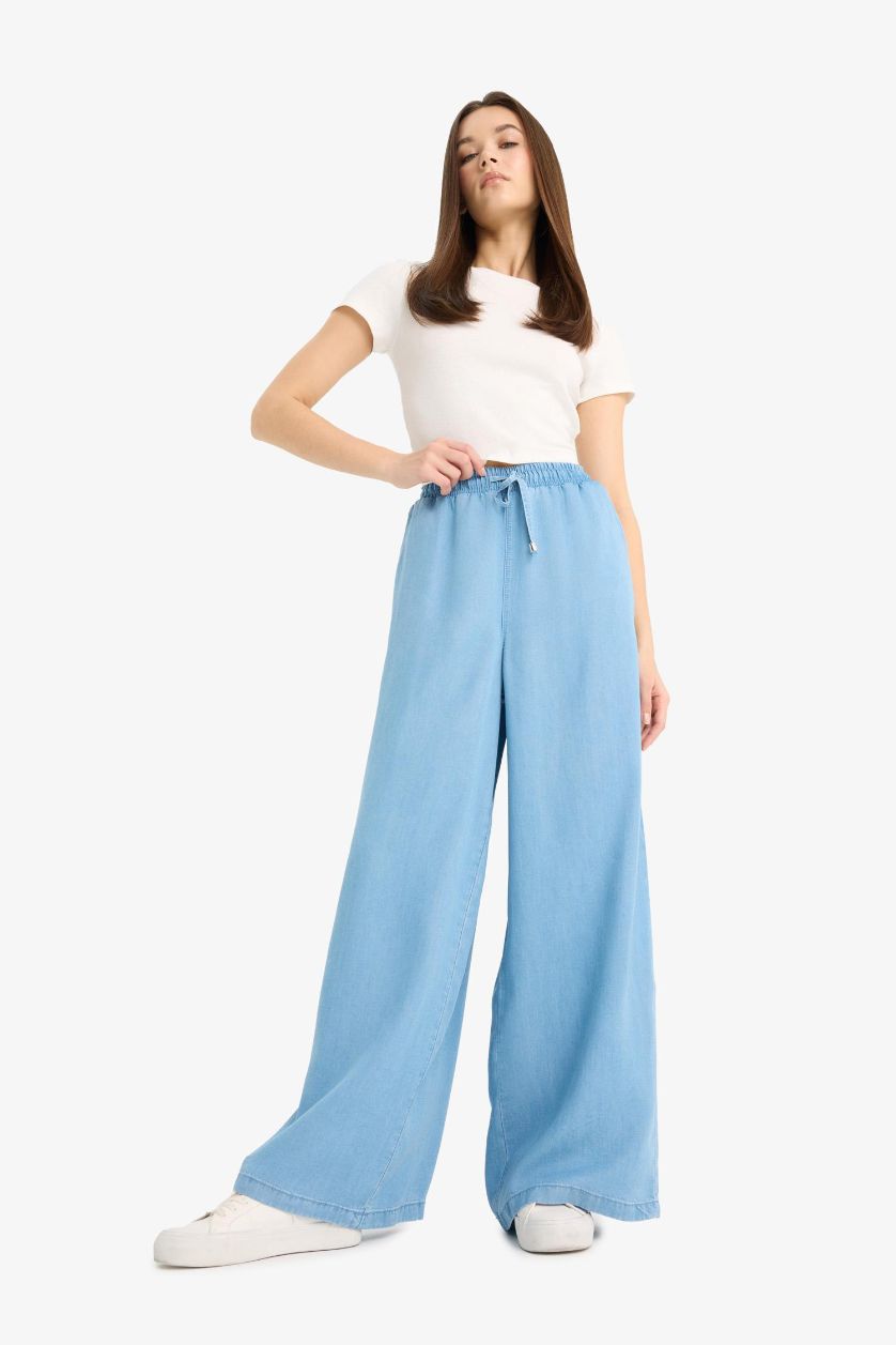 FEMME Bleu Pantalon long taille haute en Tencel délavé