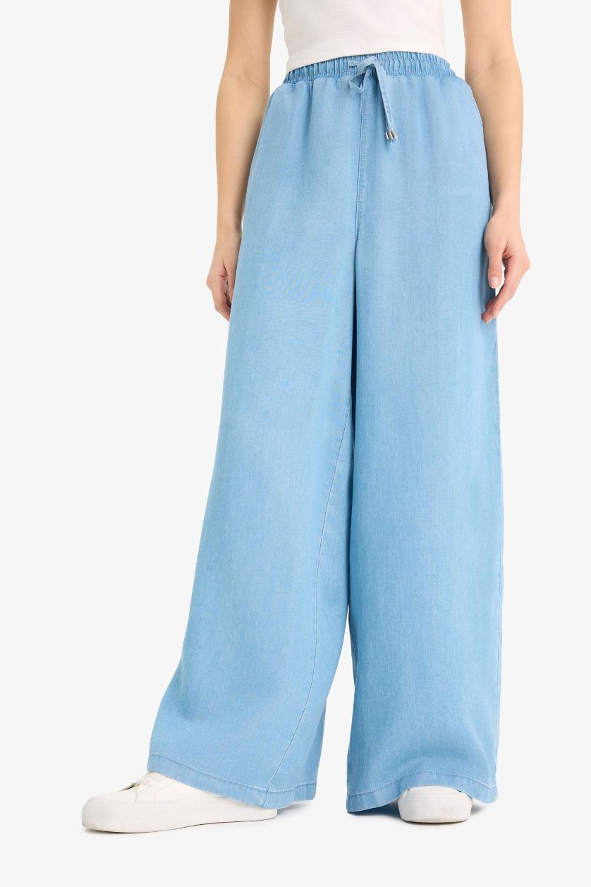FEMME Bleu Pantalon long taille haute en Tencel délavé