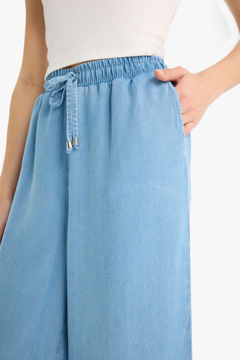 FEMME Bleu Pantalon long taille haute en Tencel délavé