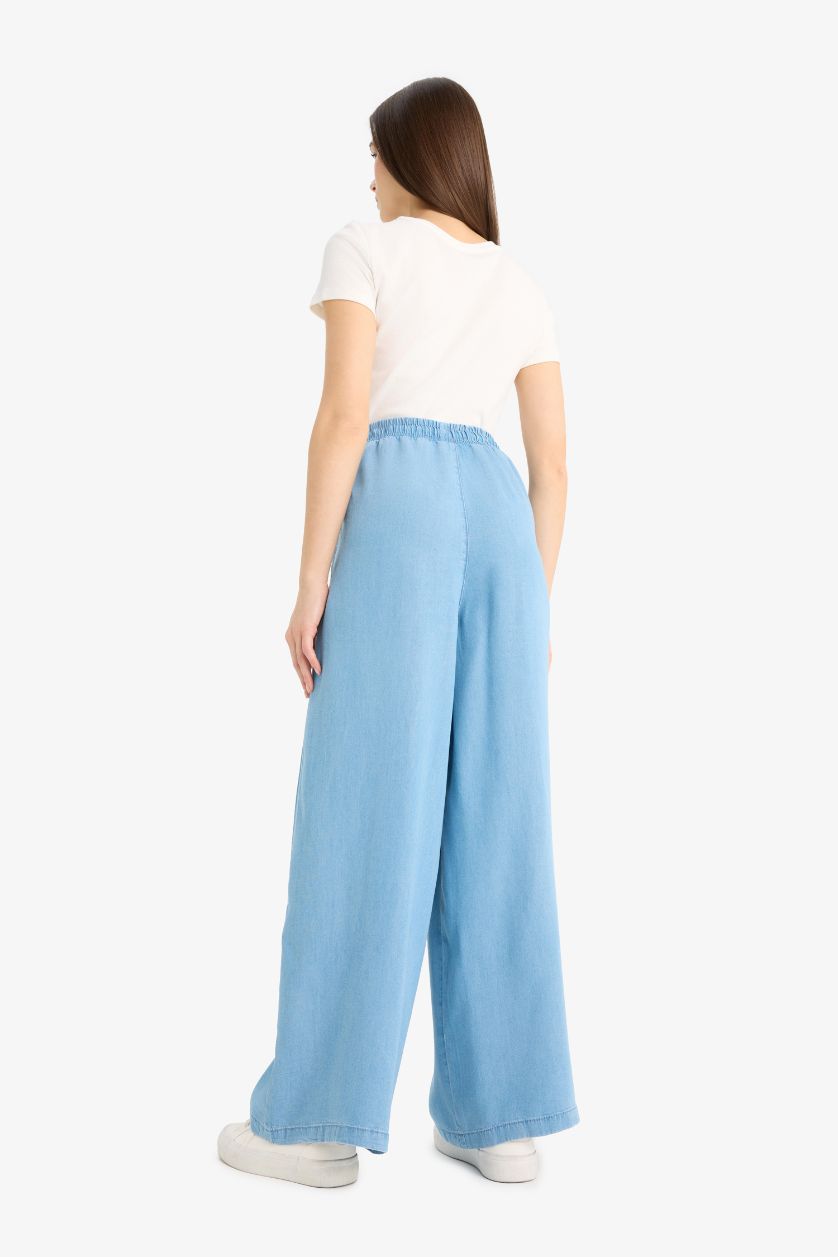 FEMME Bleu Pantalon long taille haute en Tencel délavé