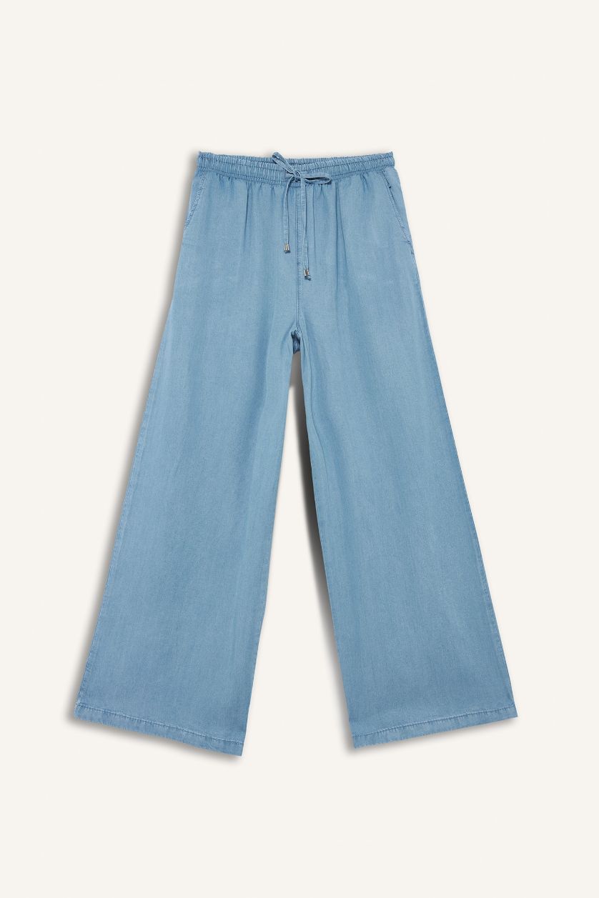 FEMME Bleu Pantalon long taille haute en Tencel délavé