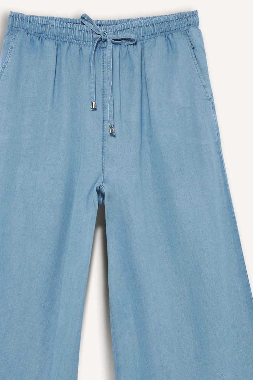 FEMME Bleu Pantalon long taille haute en Tencel délavé