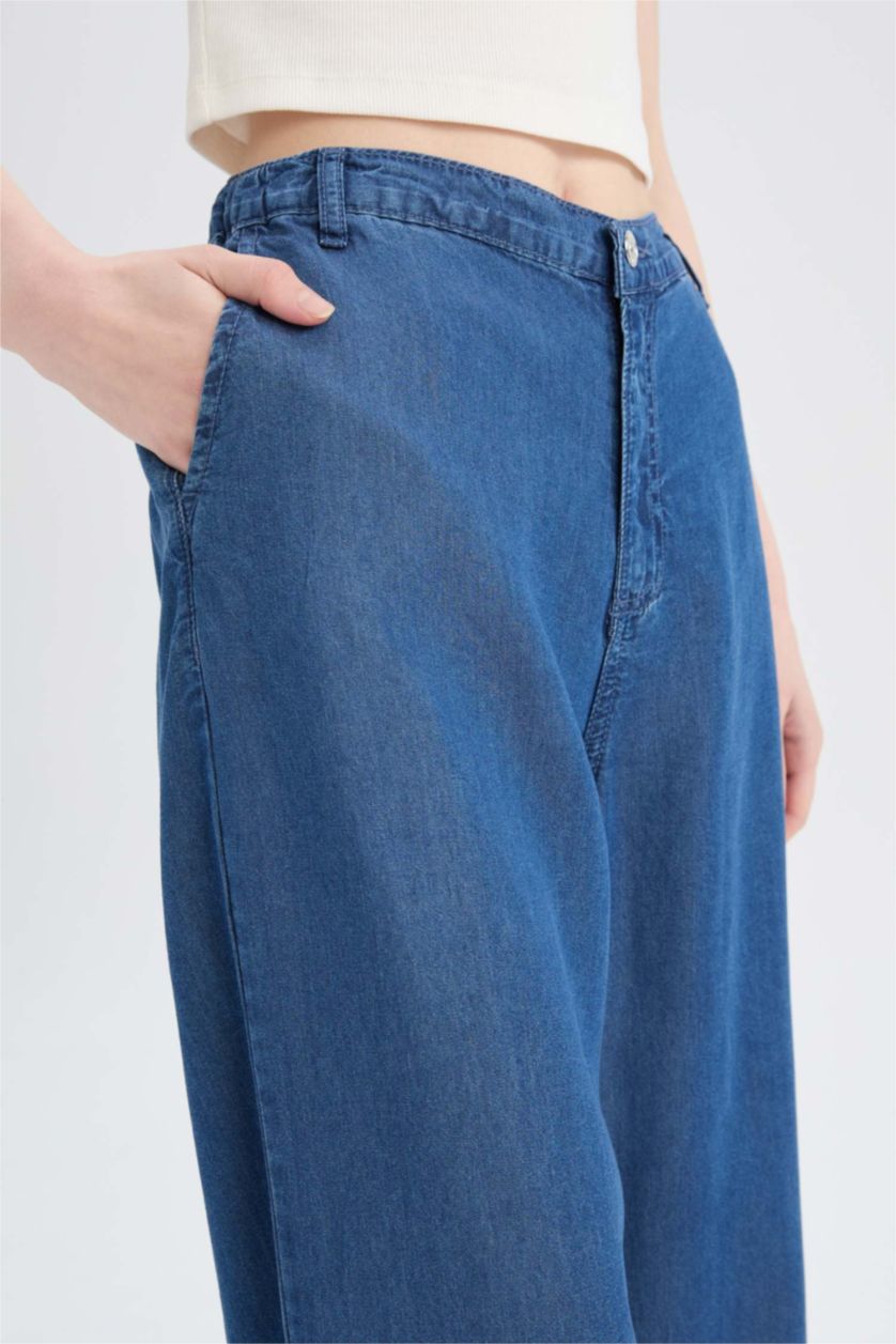 Kadın Mavi Pull On Wide Leg Yüksek Bel Uzun Tensel Yıkamalı Pantolon