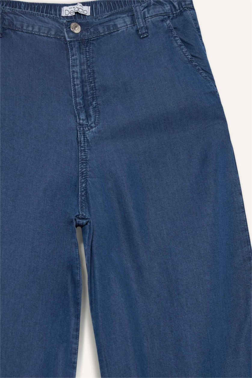 Kadın Mavi Pull On Wide Leg Yüksek Bel Uzun Tensel Yıkamalı Pantolon