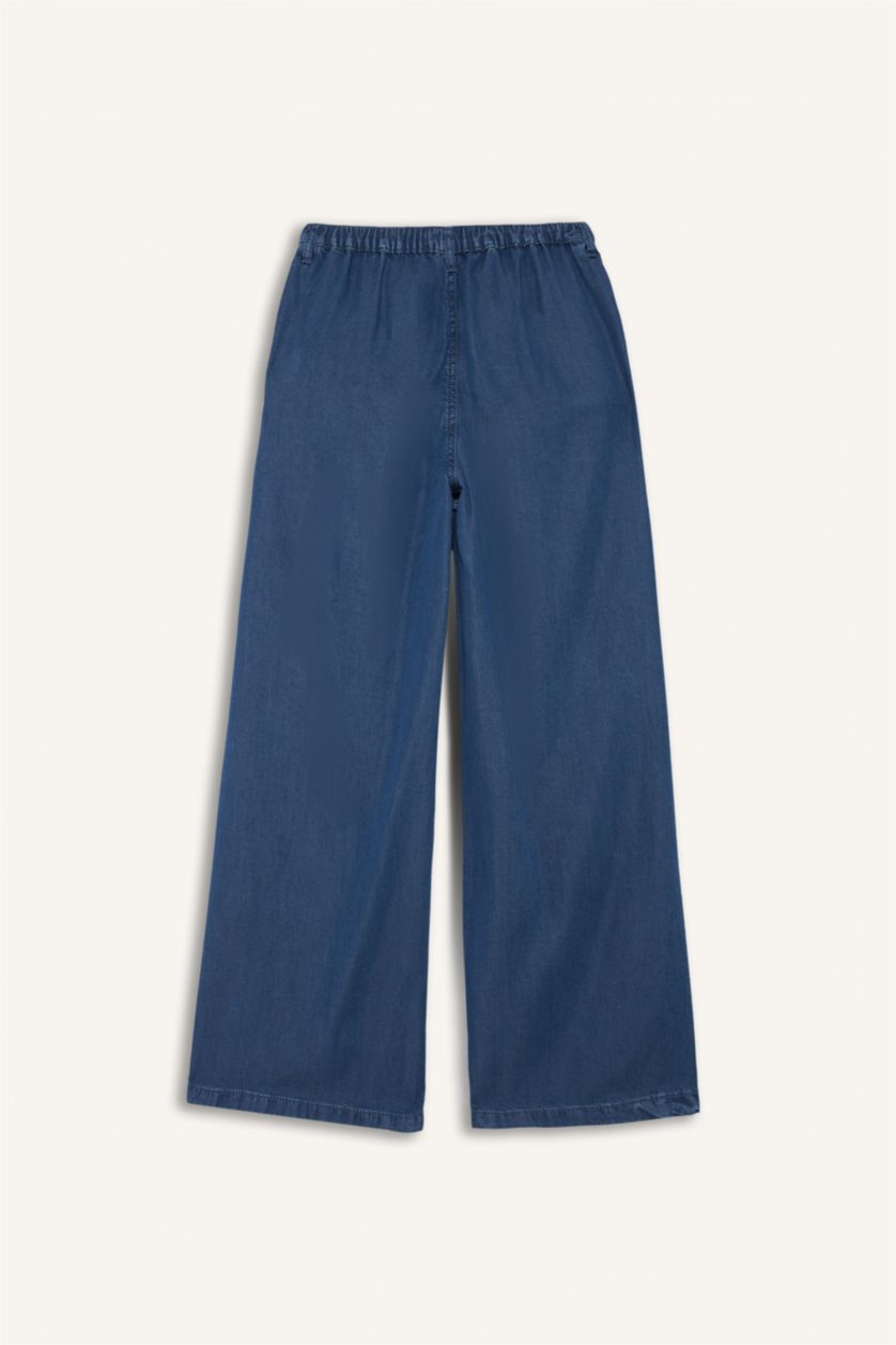 Kadın Mavi Pull On Wide Leg Yüksek Bel Uzun Tensel Yıkamalı Pantolon