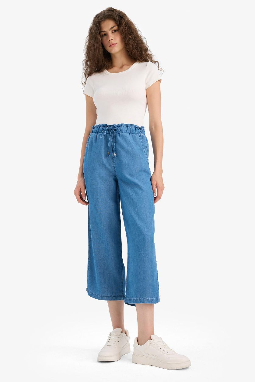 WOMAN Blue Culotte Fit High Elastic Waist Washed Thin Jeans