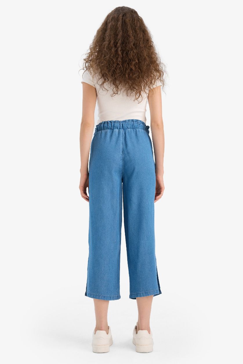WOMAN Blue Culotte Fit High Elastic Waist Washed Thin Jeans
