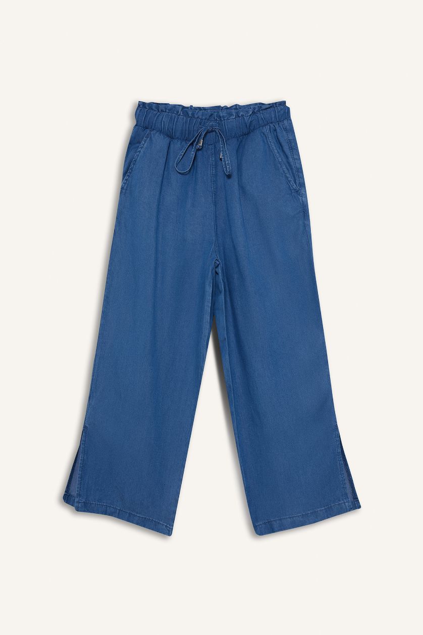 WOMAN Blue Culotte Fit High Elastic Waist Washed Thin Jeans