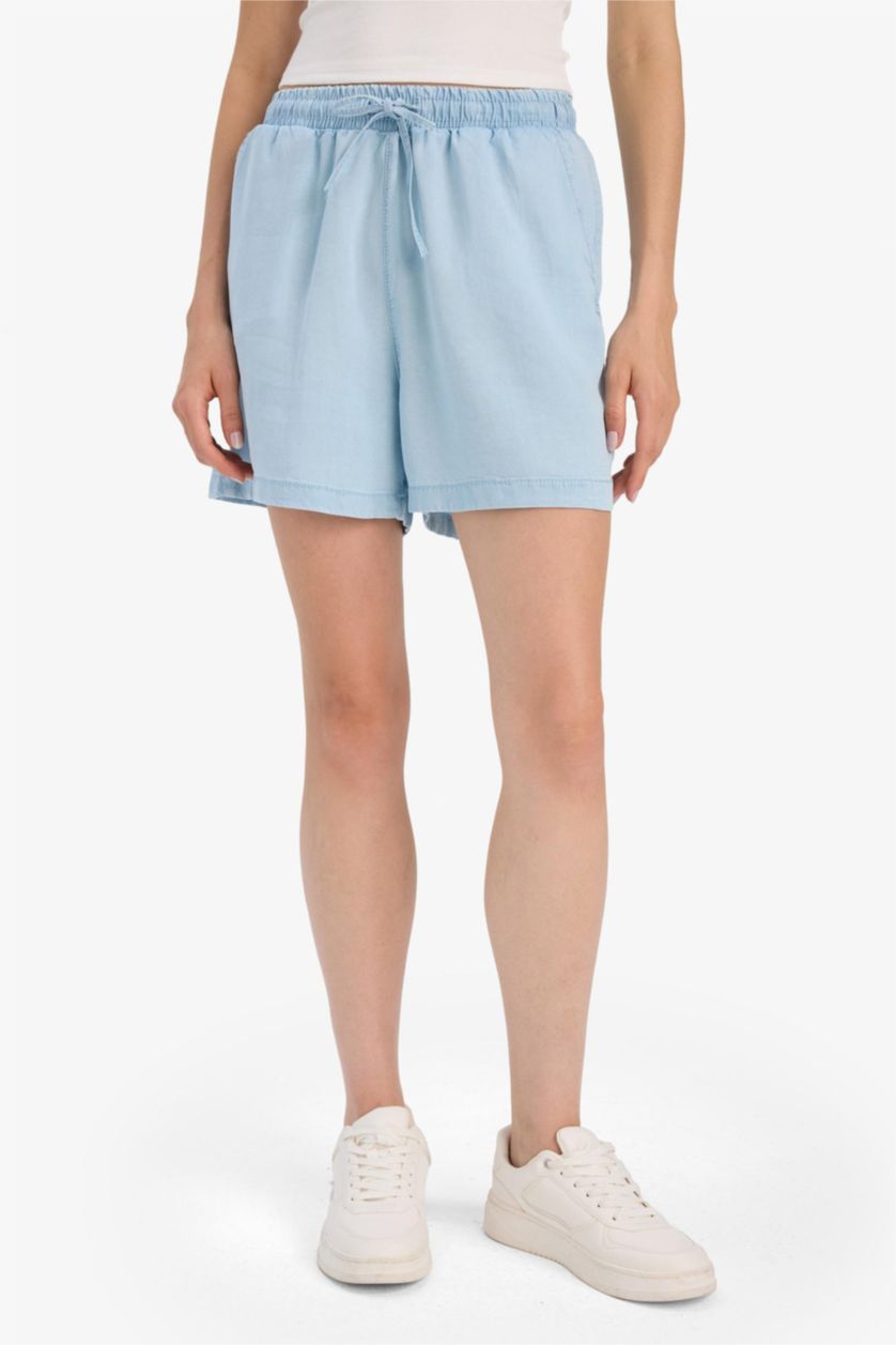 Женщины Светло-индиговый Шорты из Тенселя с Высокой Талией