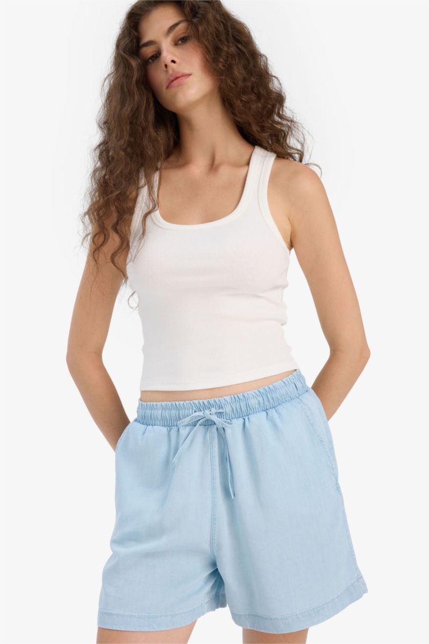 Женщины Светло-индиговый Шорты из Тенселя с Высокой Талией