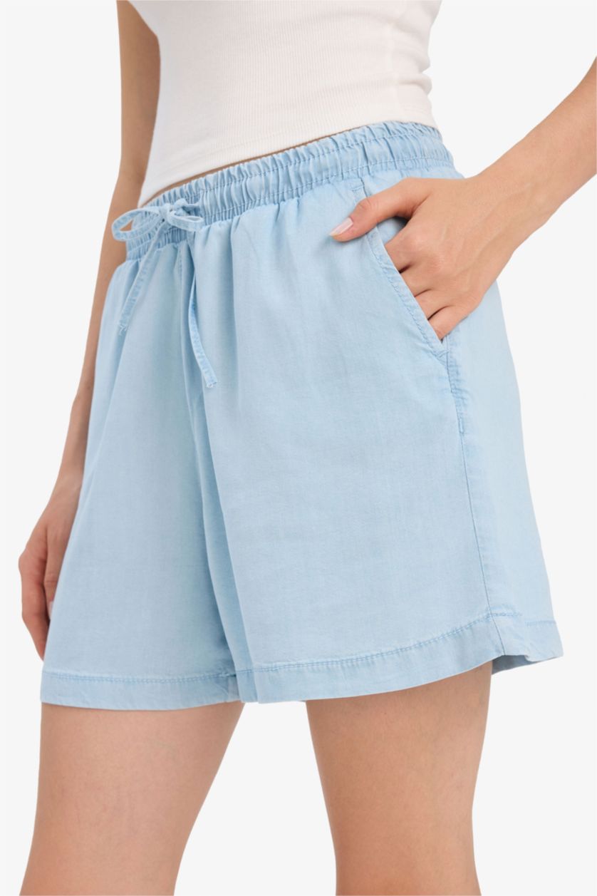 Женщины Светло-индиговый Шорты из Тенселя с Высокой Талией
