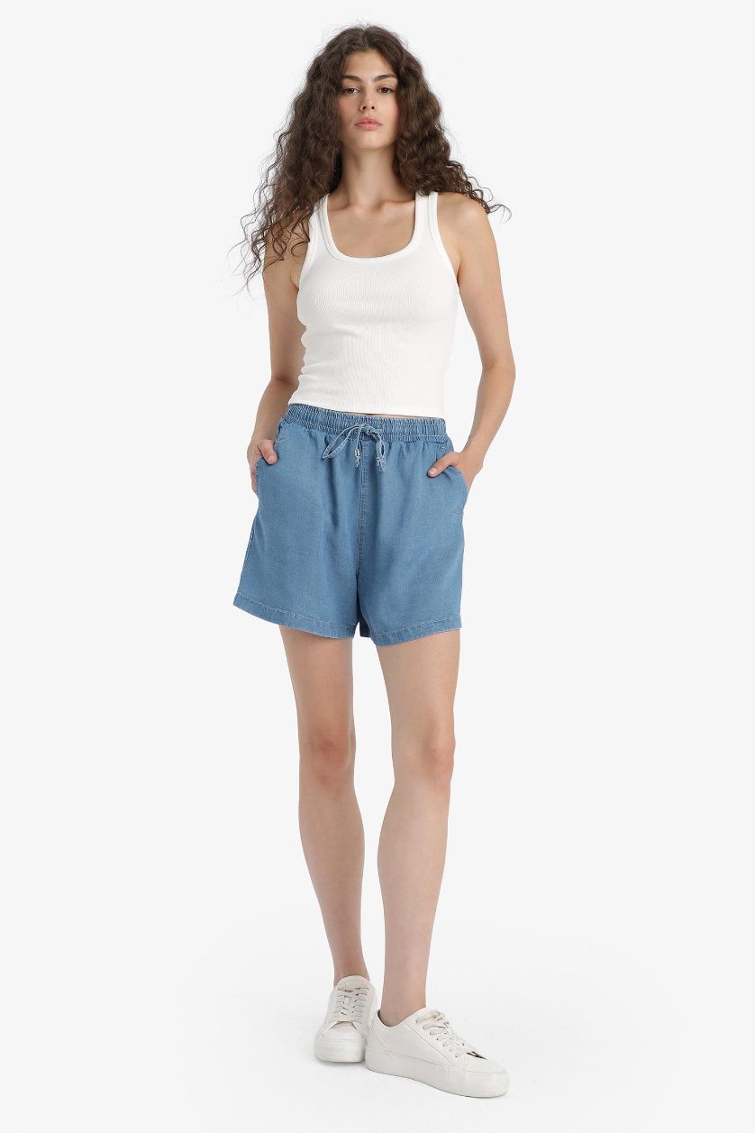 Женщины Голубрй Шорты с высокой талией из тенселя
