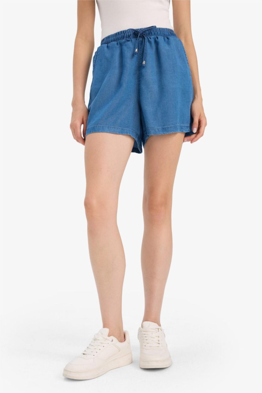 Kadın Koyu Mavi Yüksek Beli Lastikli Cepli Tensel Şort