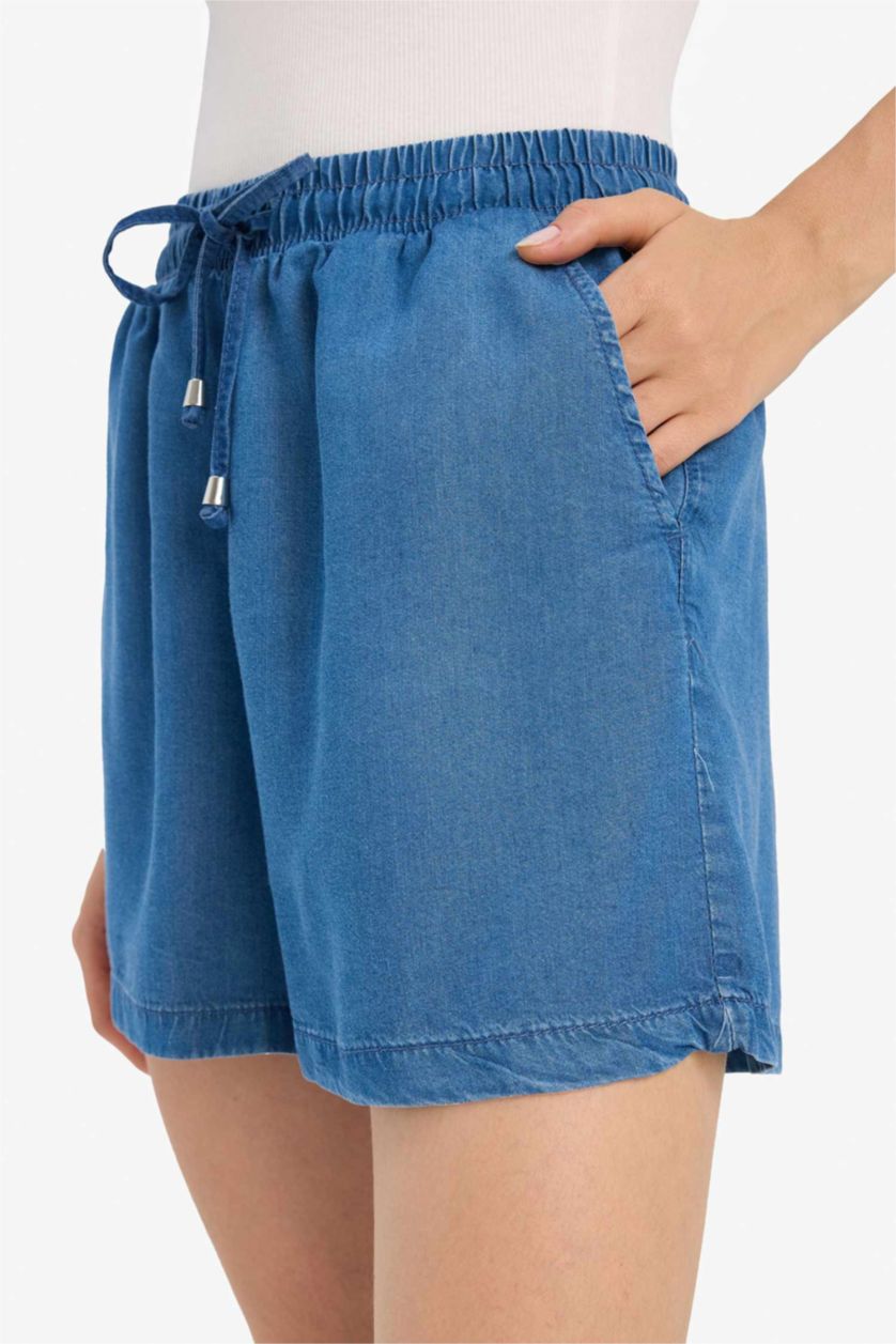 Kadın Koyu Mavi Yüksek Beli Lastikli Cepli Tensel Şort
