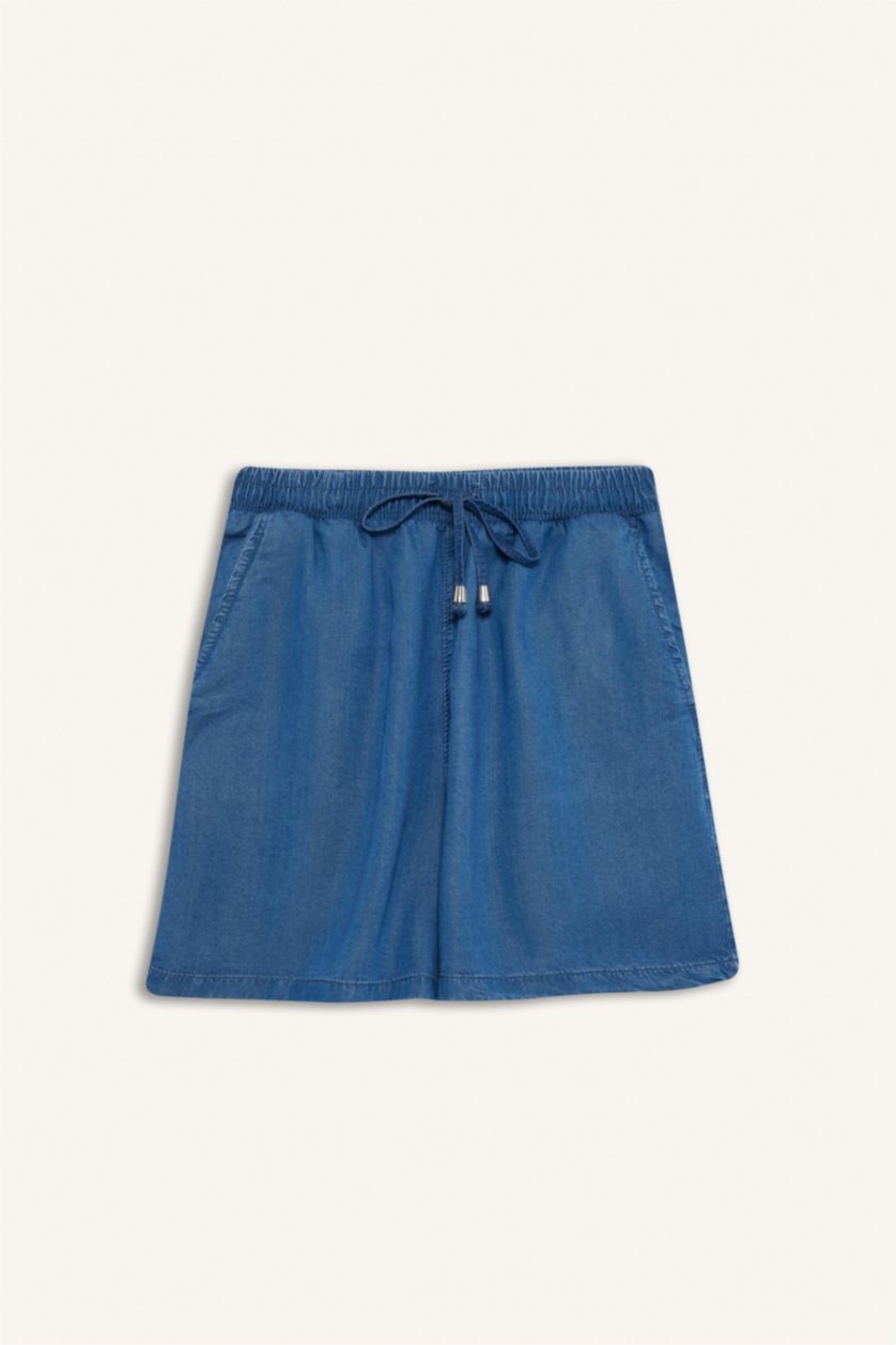 Kadın Koyu Mavi Yüksek Beli Lastikli Cepli Tensel Şort
