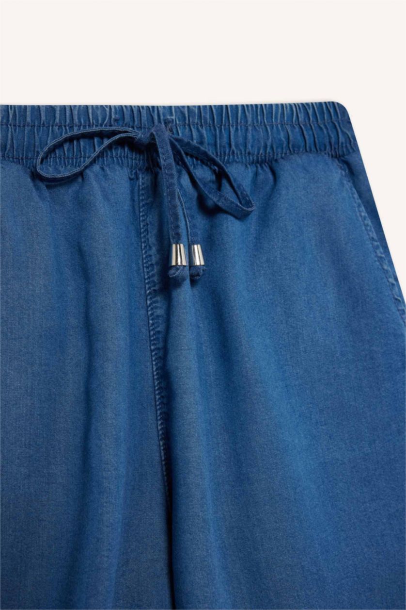 Kadın Koyu Mavi Yüksek Beli Lastikli Cepli Tensel Şort