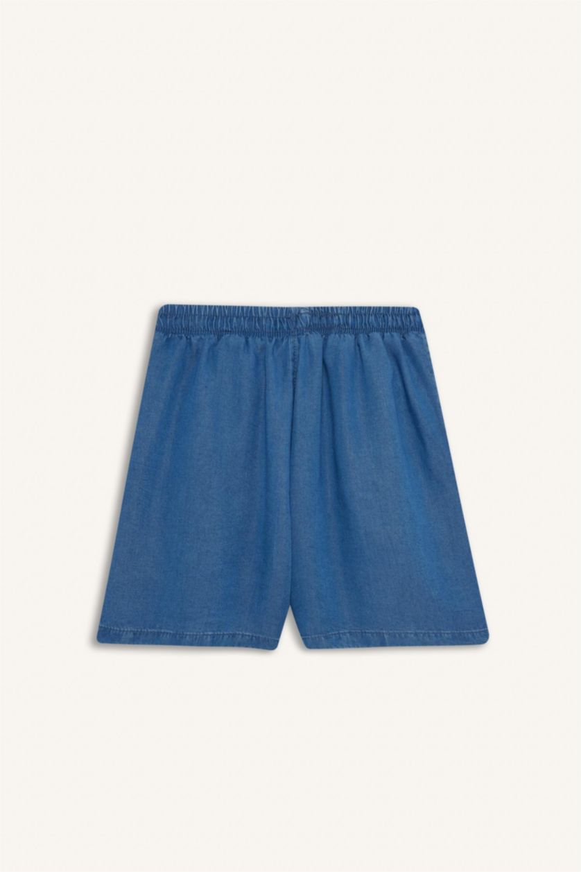 Kadın Koyu Mavi Yüksek Beli Lastikli Cepli Tensel Şort