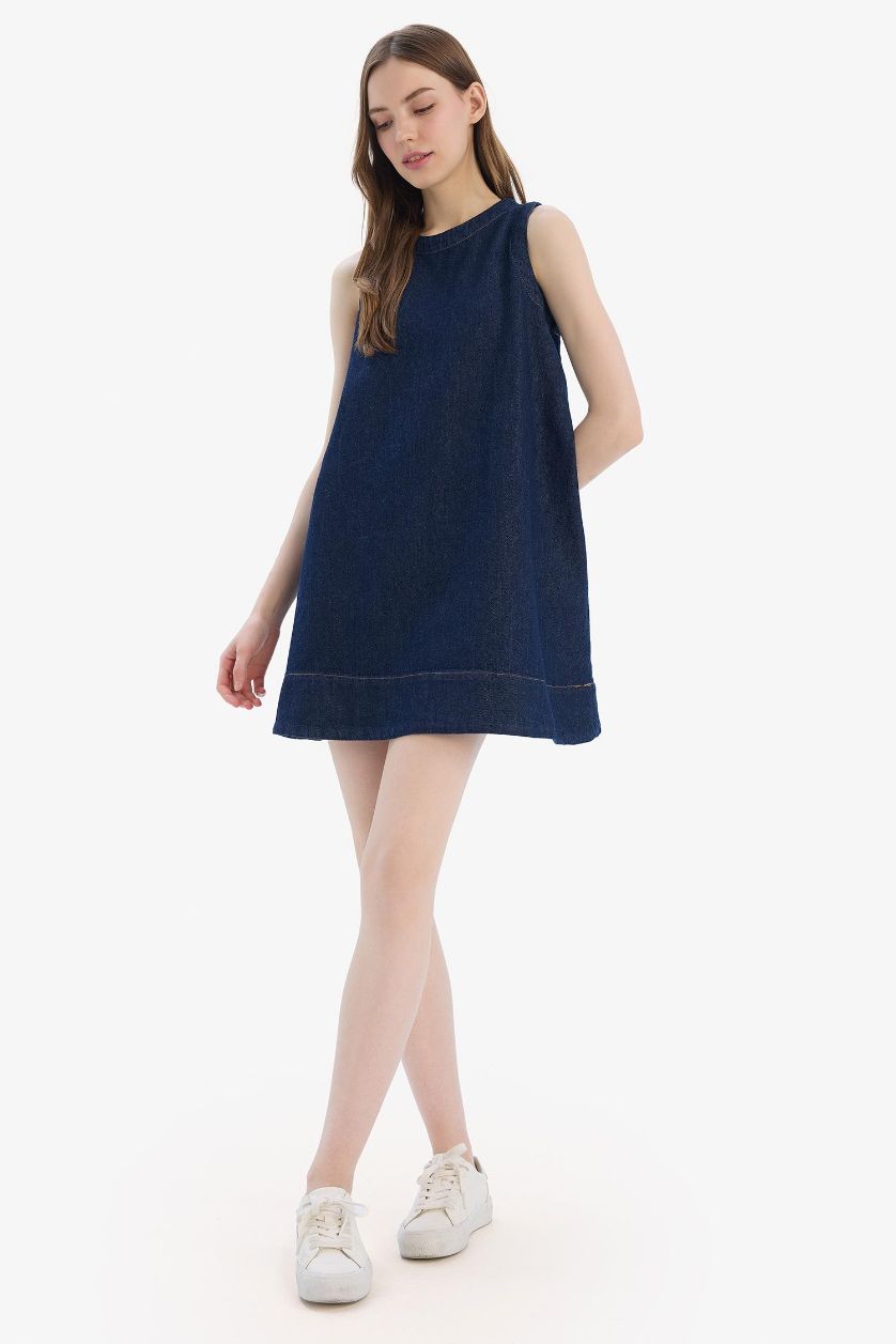 WOMAN Dark Blue Fashion Fit Crew Neck Sleeveless Soft Denim Dress