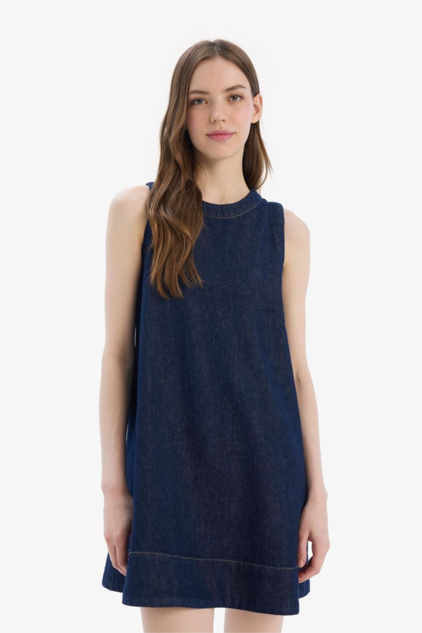 WOMAN Dark Blue Fashion Fit Crew Neck Sleeveless Soft Denim Dress