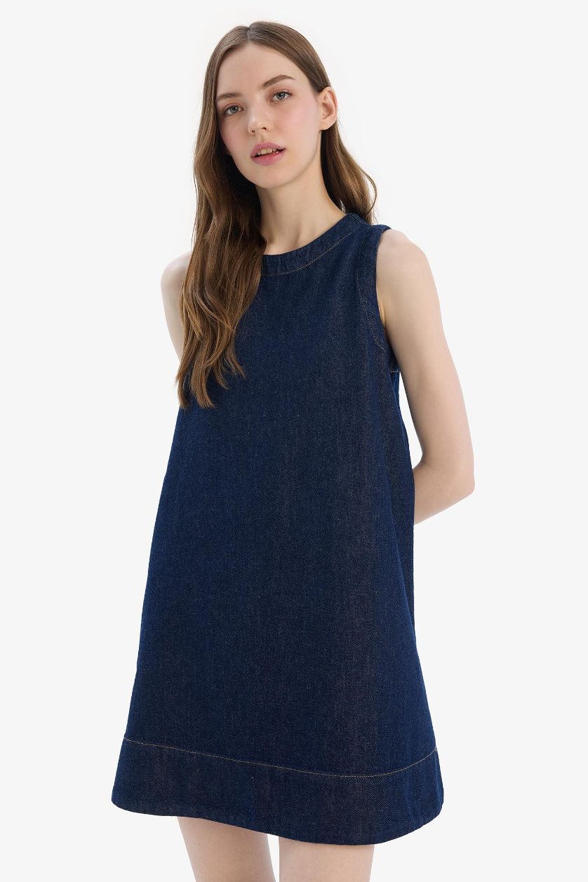 WOMAN Dark Blue Fashion Fit Crew Neck Sleeveless Soft Denim Dress