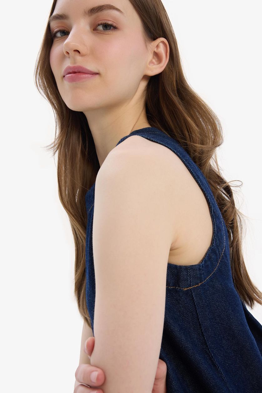 WOMAN Dark Blue Fashion Fit Crew Neck Sleeveless Soft Denim Dress
