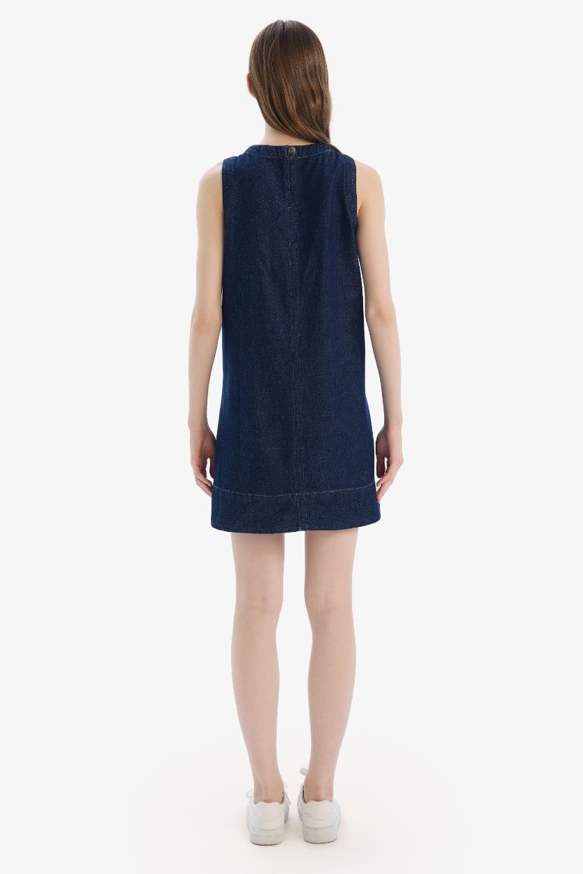 WOMAN Dark Blue Fashion Fit Crew Neck Sleeveless Soft Denim Dress