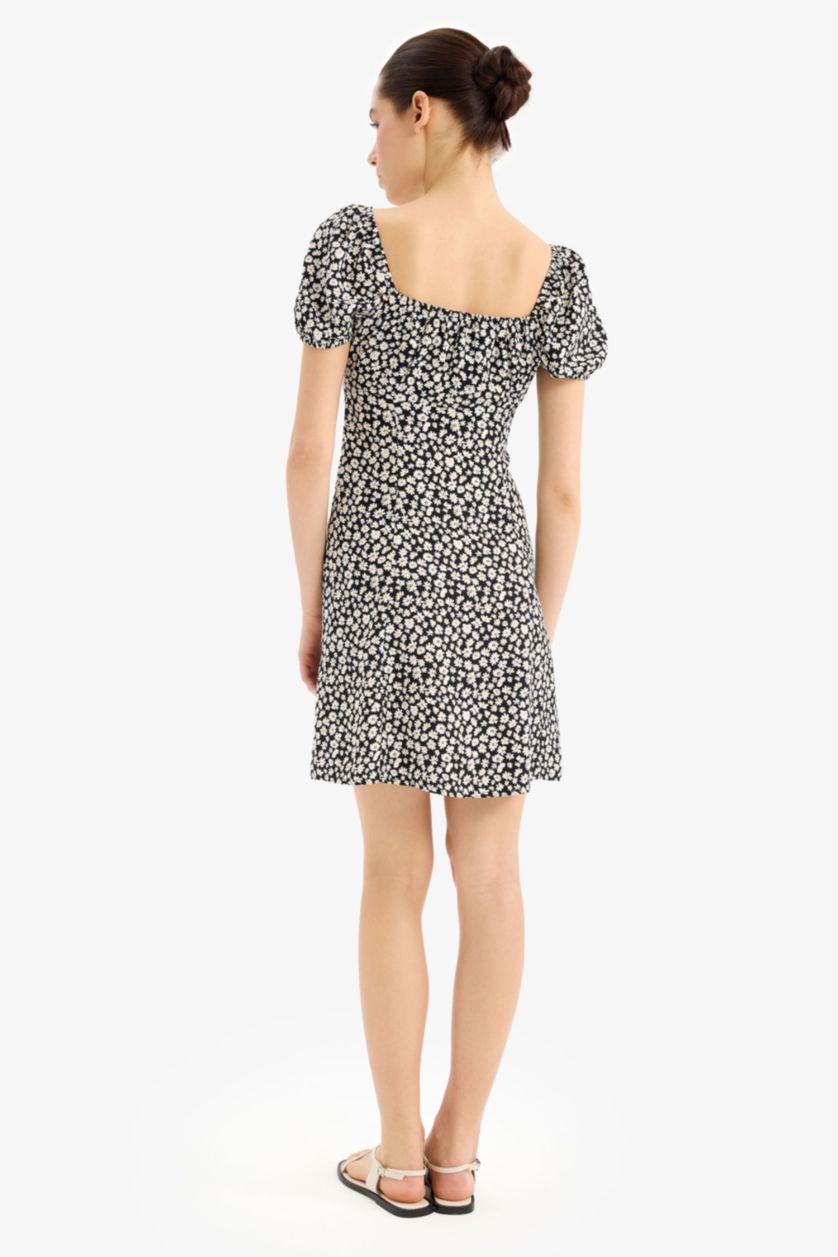 Женщины Черный Coool мини-платье с квадратным вырезом и цветочным узором