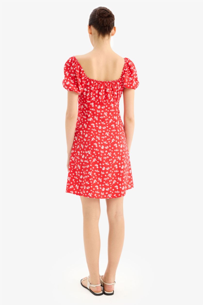 Әйелдерге қызыл Coool гүлді шаршы ойық қысқа жеңді Қысқа жеңді тоқылған көйлек