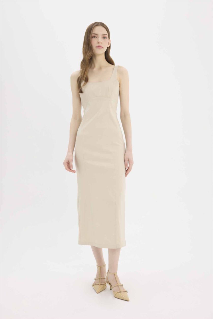 Woman Beige Bodycon U Neck Strappy Maxi Dress