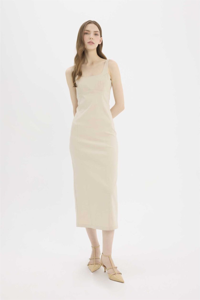 Woman Beige Bodycon U Neck Strappy Maxi Dress