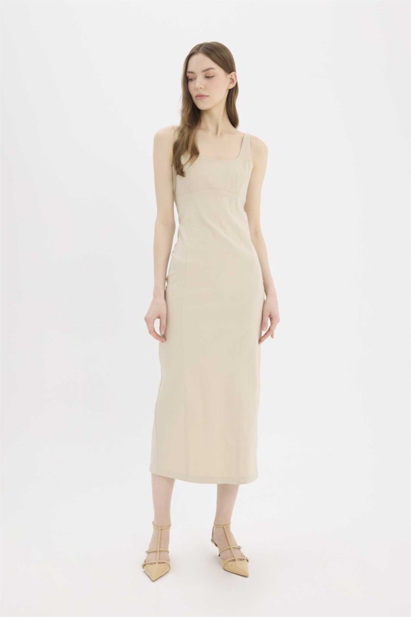 Woman Beige Bodycon U Neck Strappy Maxi Dress