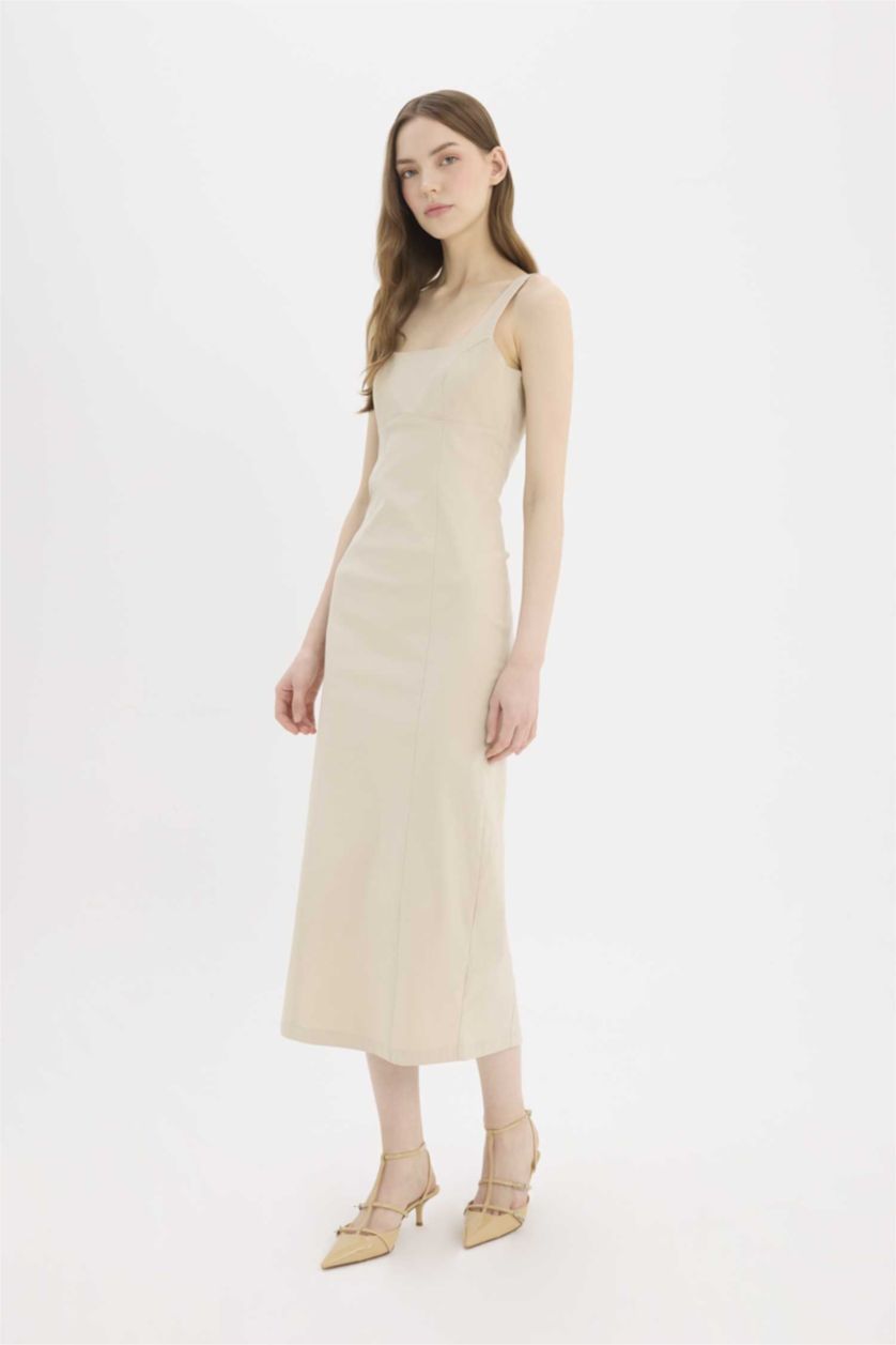 Woman Beige Bodycon U Neck Strappy Maxi Dress