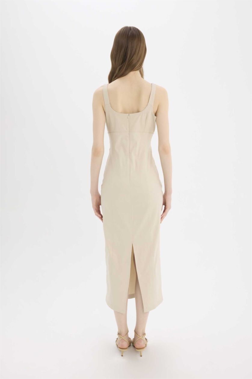 Woman Beige Bodycon U Neck Strappy Maxi Dress