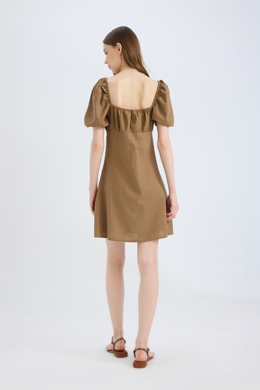 Женщины Коричневый Платье-Трапеция с Квадратным Вырезом и Короткими Рукавами