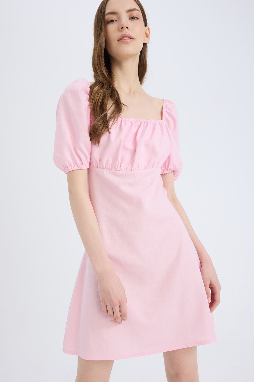 Женщины Светло-розовый Мини платье с квадратным вырезом и коротким рукавом, А-силуэт