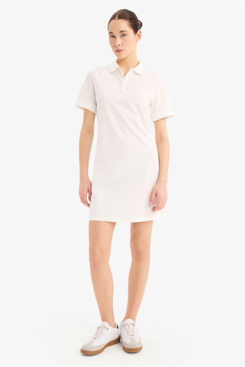 Kadın Kırık Beyaz Polo Yaka Pike Kısa Kollu Mini Elbise