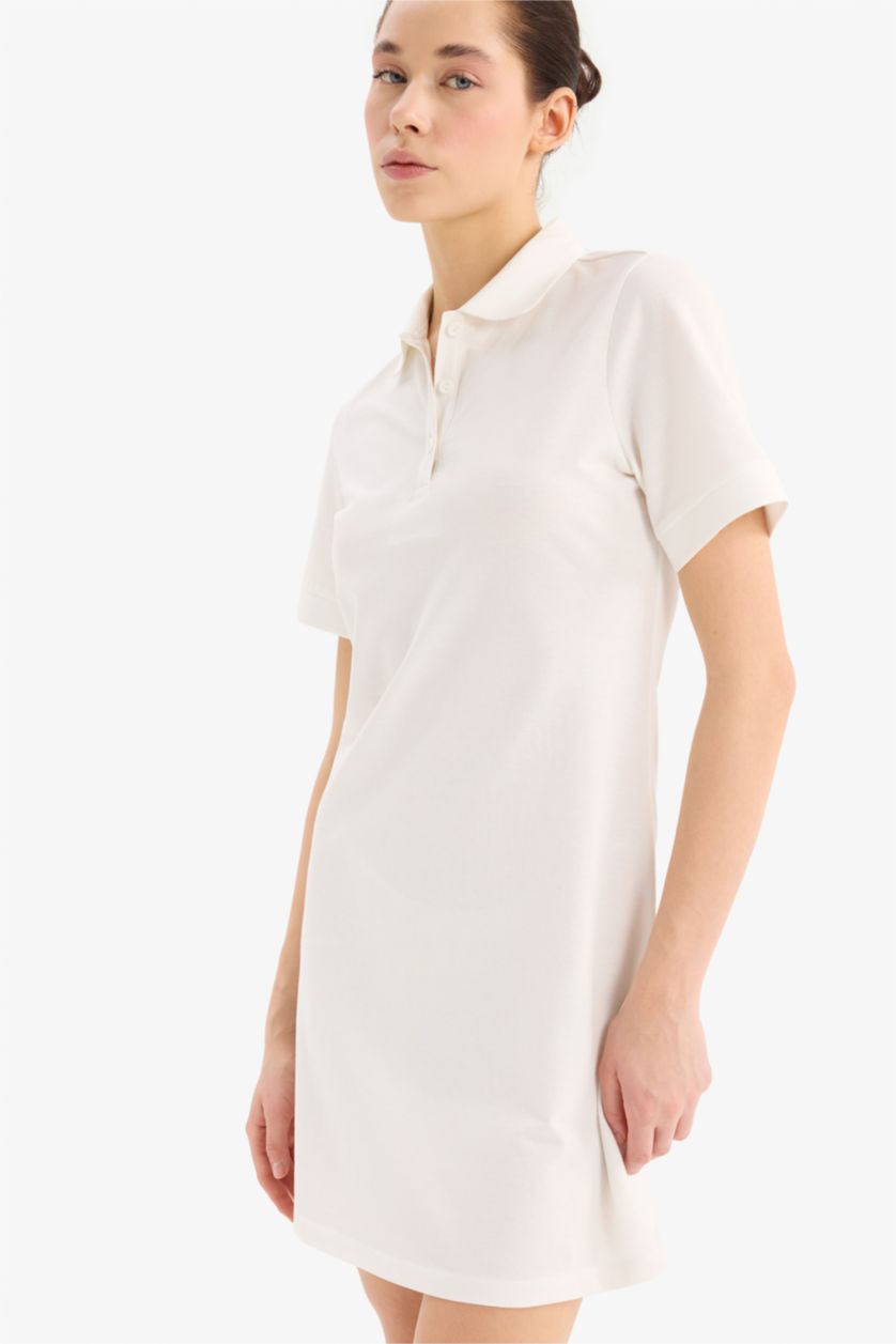 Kadın Kırık Beyaz Polo Yaka Pike Kısa Kollu Mini Elbise
