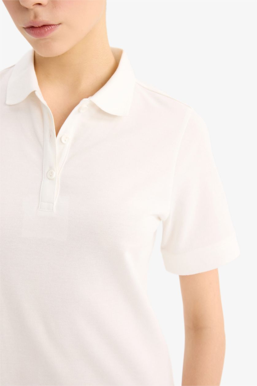 Kadın Kırık Beyaz Polo Yaka Pike Kısa Kollu Mini Elbise