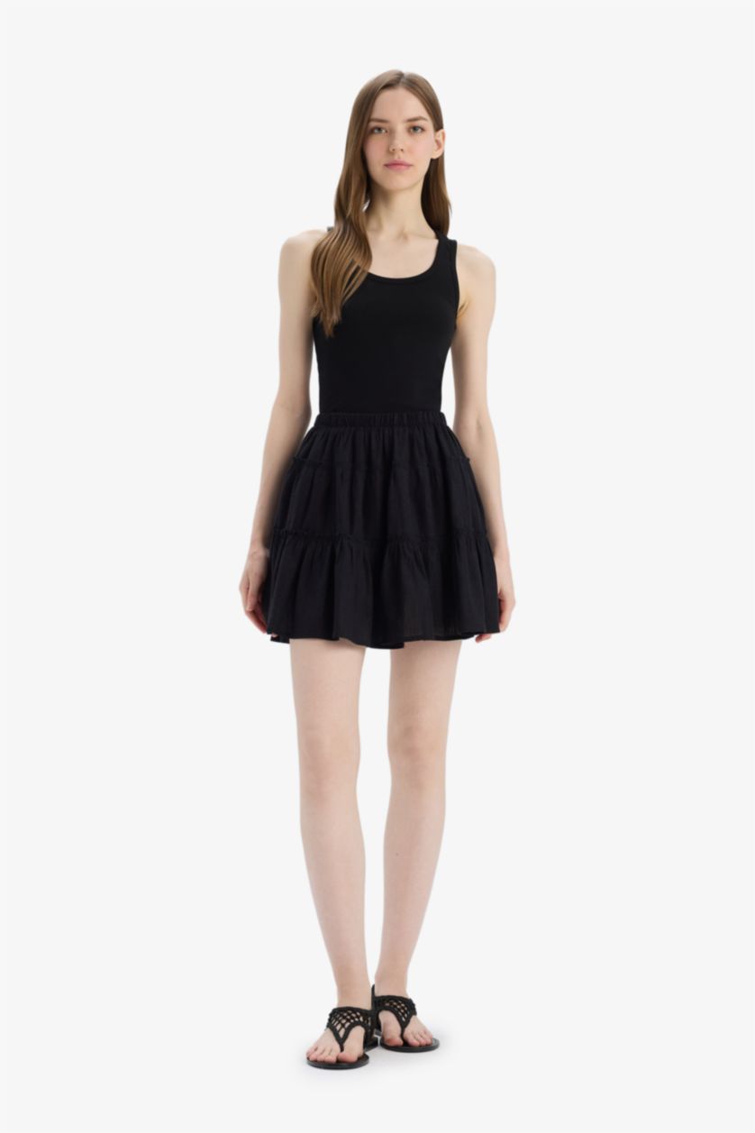 نساء أسود تنورة قصيرة من مزيج الكتان بخصر عادي