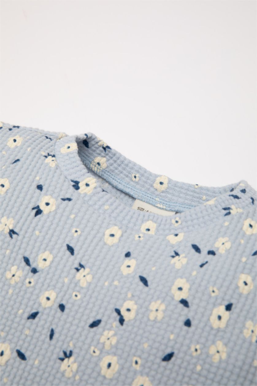 طفلة صغيرة أزرق فاتح طقم بيبي بناتي تيشيرت فلورال وبنطلون قصة عادية - قطعتين