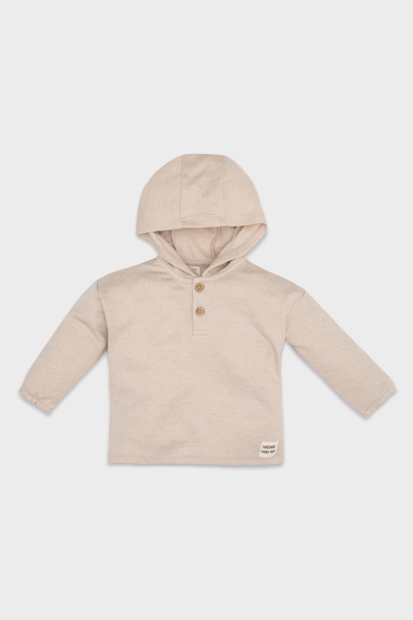 Erkek Bebek Bej Kapüşonlu Etiket Baskılı Düğmeli Sweatshirt Erkek Bebek