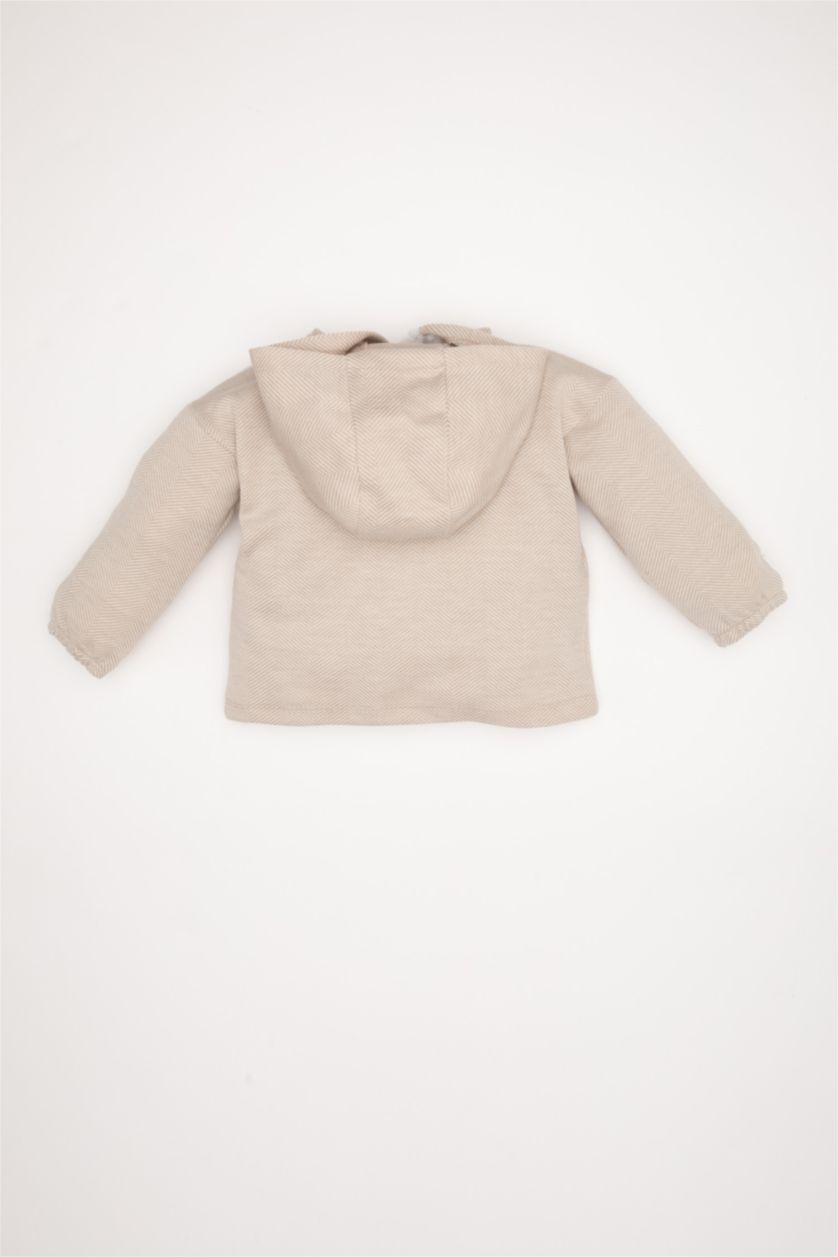 Erkek Bebek Bej Kapüşonlu Etiket Baskılı Düğmeli Sweatshirt Erkek Bebek