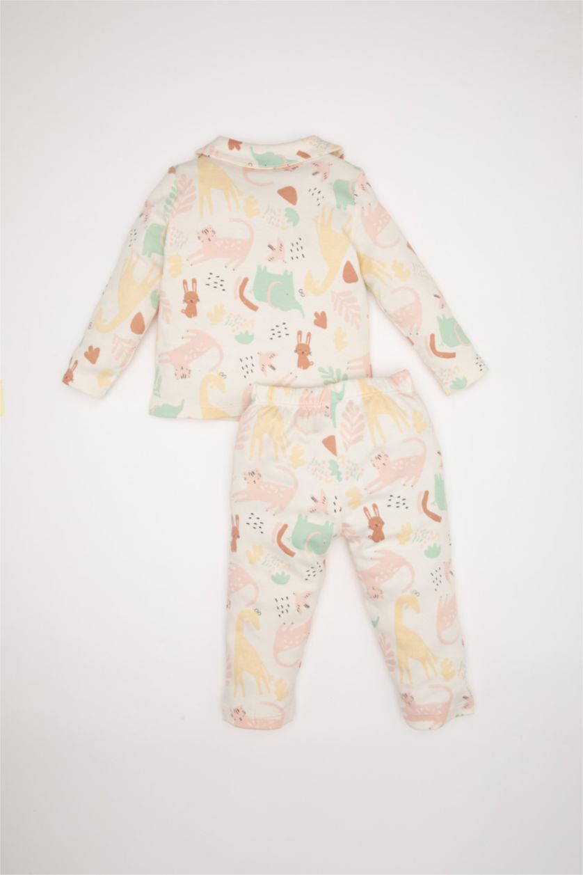 Kız Bebek Ekru %100 Pamuklu Safari Baskılı Pijama Takımı Kız Bebek