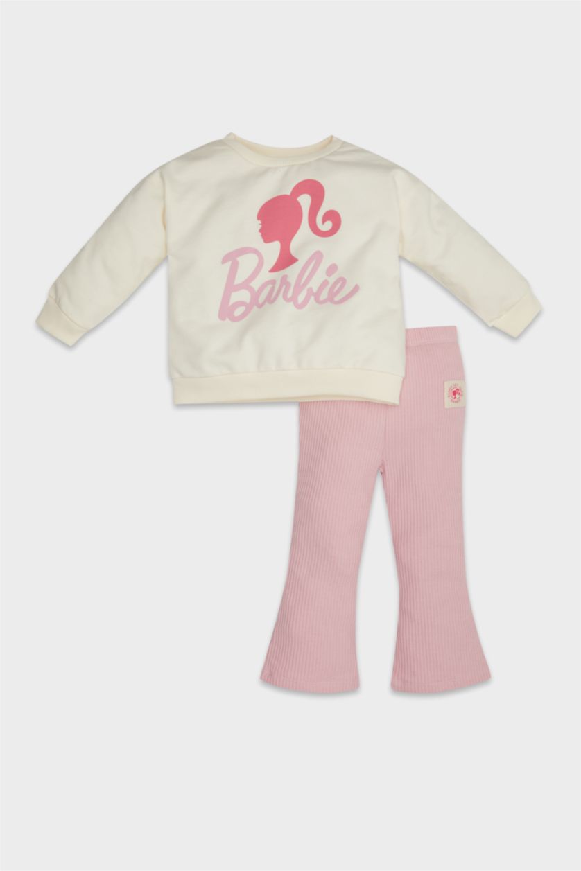 Kız Bebek Pembe Kız Bebek 2'li Takım Barbie Sweatshirt Beli Lastikli İspanyol Paça Tayt