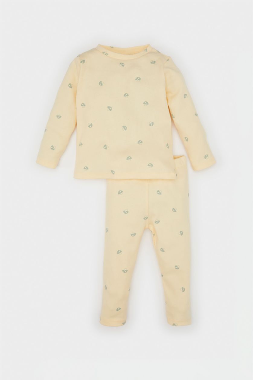 Kız Bebek Sarı Kız Bebek Pijama Takımı Desenli Uzun Kollu Fitilli Kaşkorse Üst Beli Lastikli Uzun Alt 