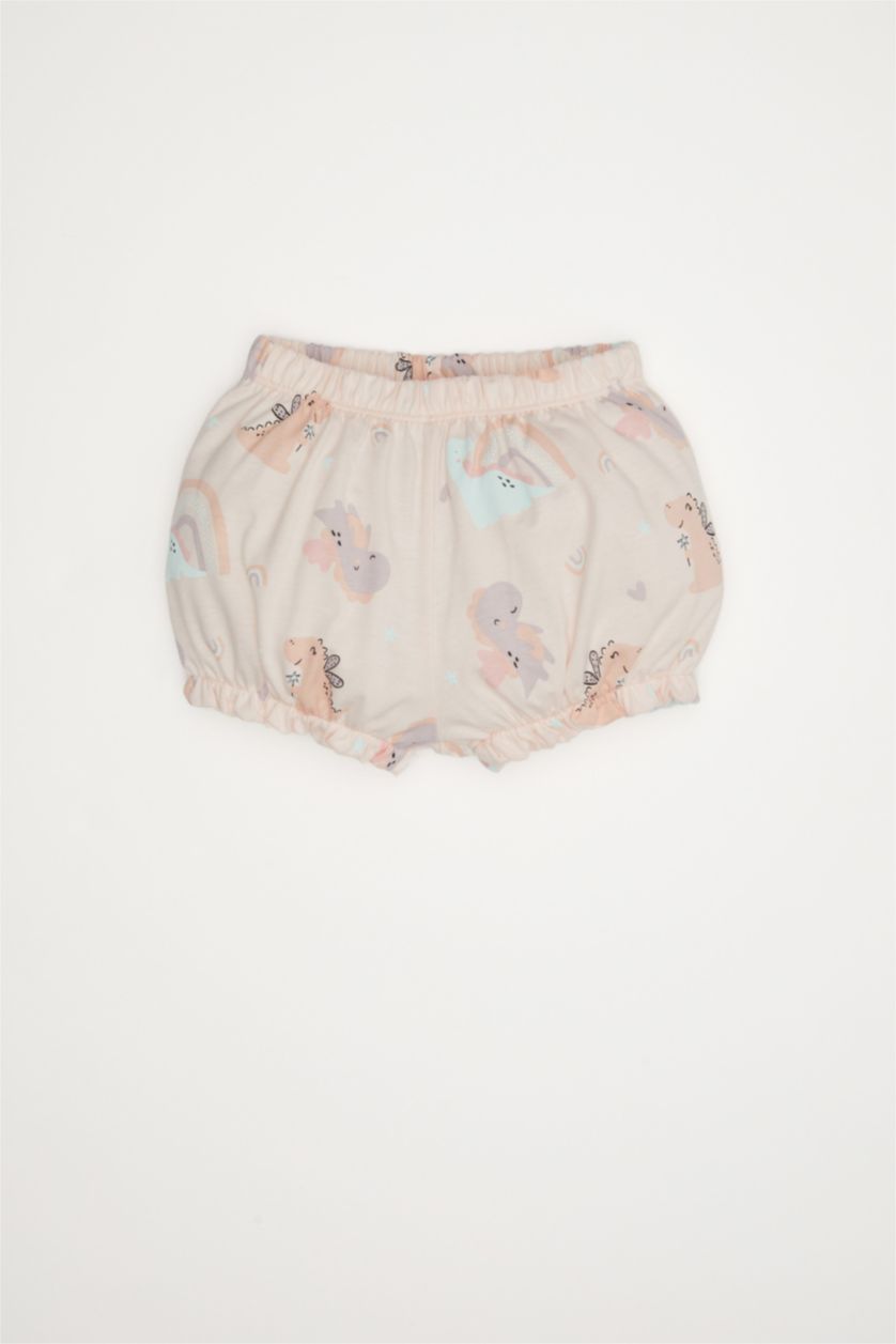 Kız Bebek Açık Pembe Pijama Takımı Dinozor Baskılı Kısa Kollu Penye Üst Beli Lastikli Şort Kız Bebek