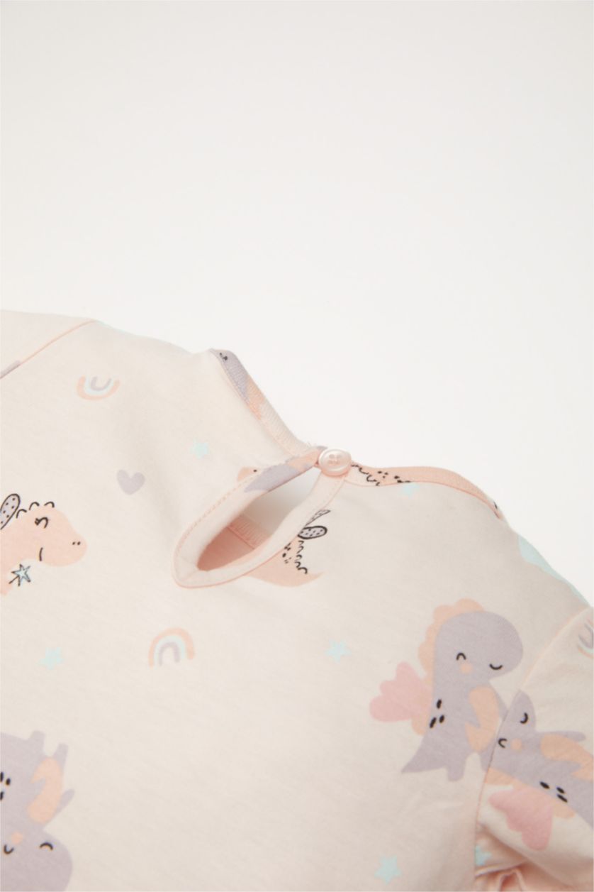 Kız Bebek Açık Pembe Pijama Takımı Dinozor Baskılı Kısa Kollu Penye Üst Beli Lastikli Şort Kız Bebek