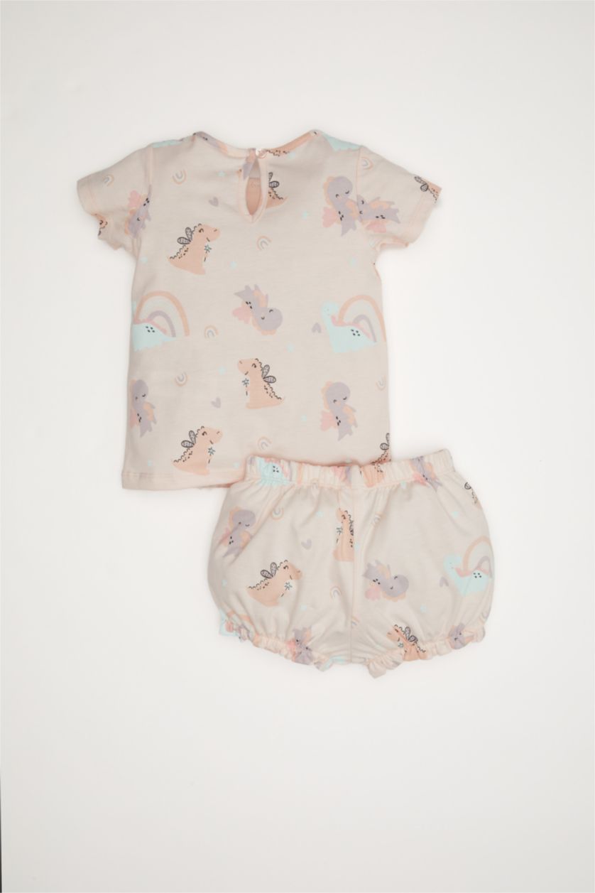 Kız Bebek Açık Pembe Pijama Takımı Dinozor Baskılı Kısa Kollu Penye Üst Beli Lastikli Şort Kız Bebek